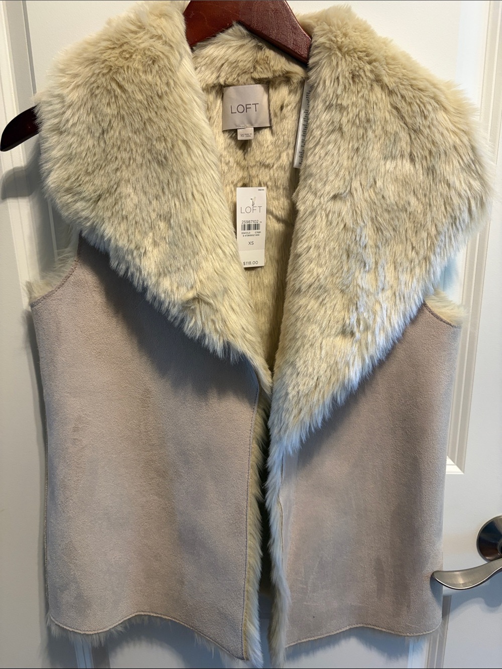 LOFT Beige Suede Vest with Cream Faux-Fur Collar